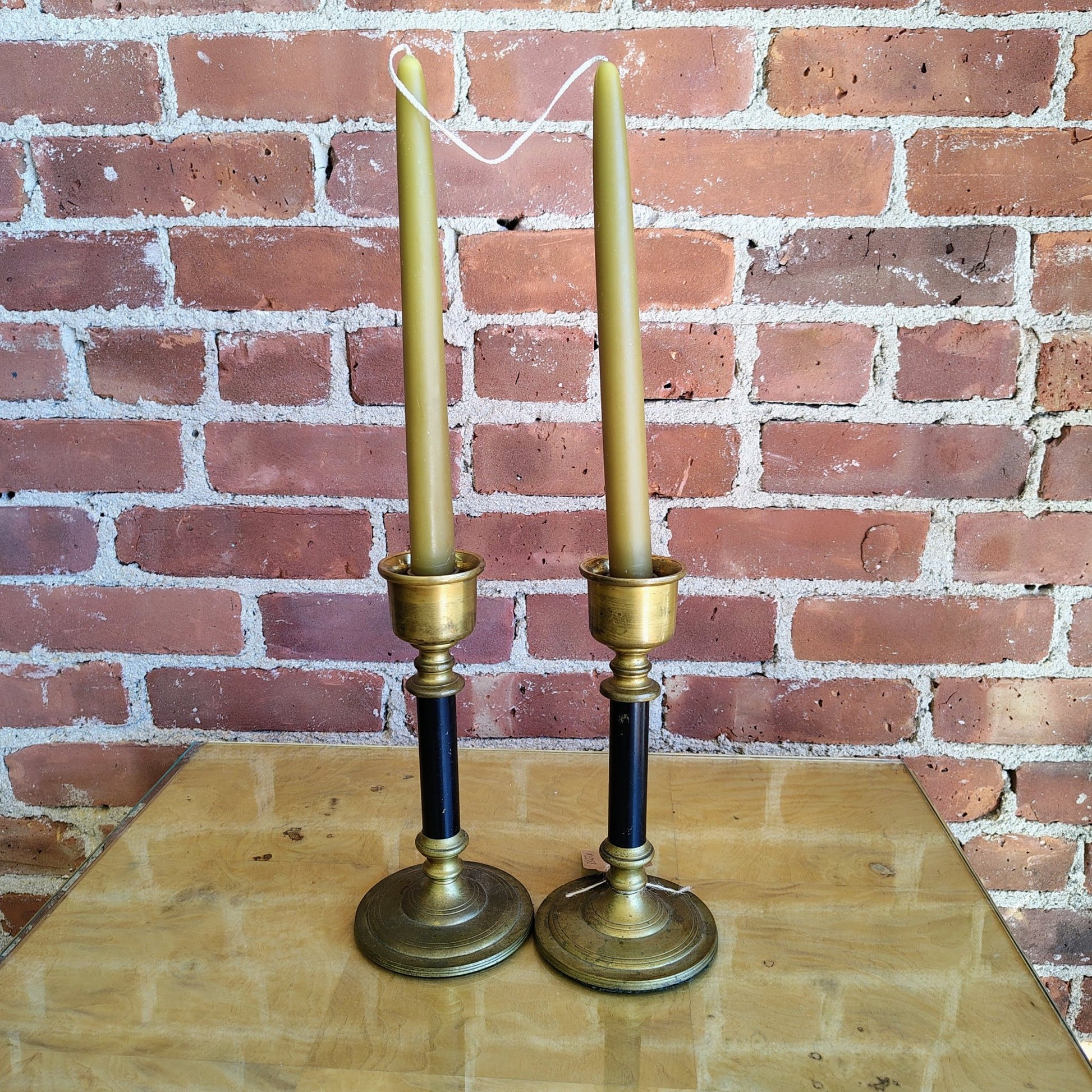 Brass and Black Candlestick Holders, Pair — Solid Brass, Made in India, 10"H - Loom Vintage