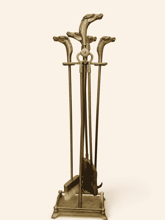 Brass Horse-Head Fireplace Tool Set & Stand by Custom Decor Inc., 1980