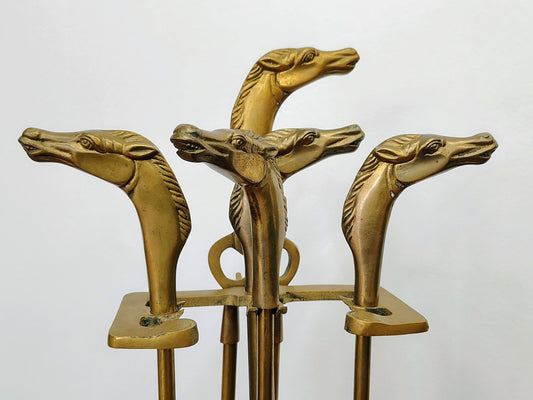 Brass Horse - Head Fireplace Tool Set & Stand, Custom Decor Inc. (1980) - Loom Vintage
