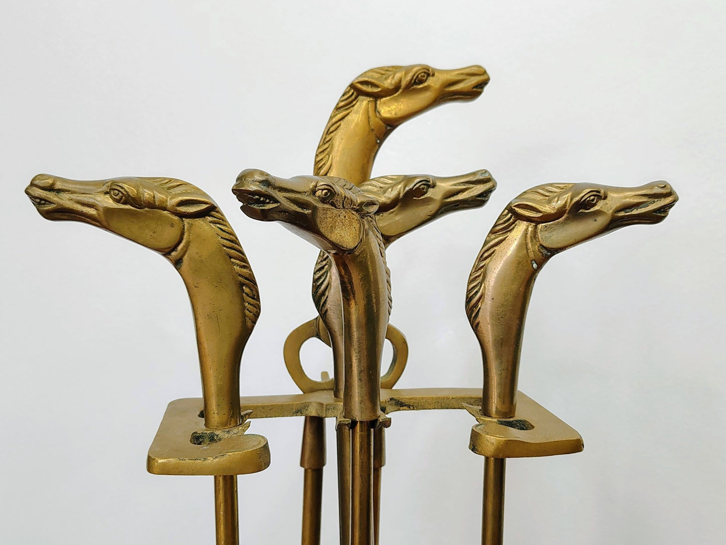 Brass Horse - Head Fireplace Tool Set & Stand, Custom Decor Inc. (1980) - Loom Vintage