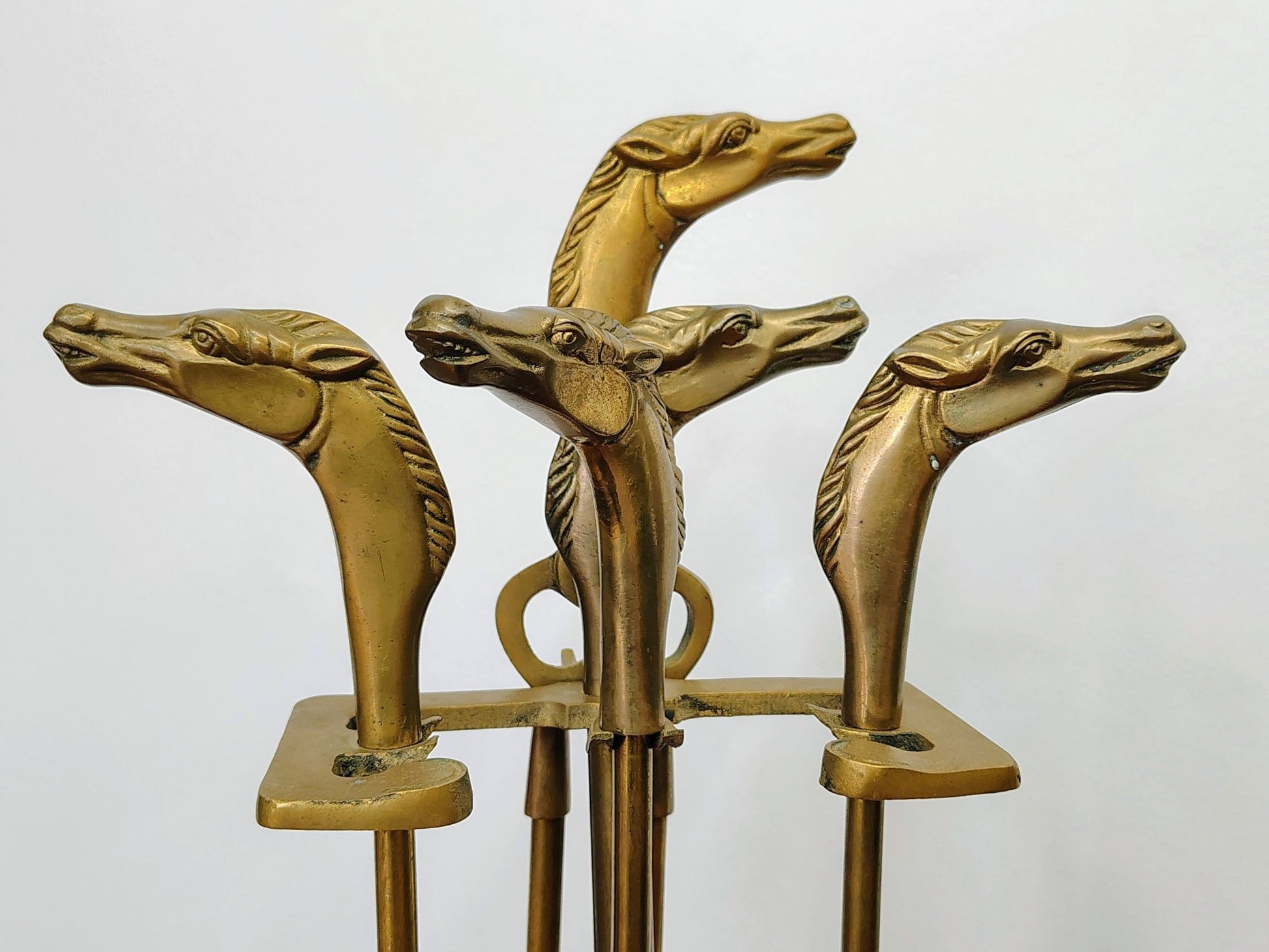 Brass Horse - Head Fireplace Tool Set & Stand, Custom Decor Inc. (1980) - Loom Vintage