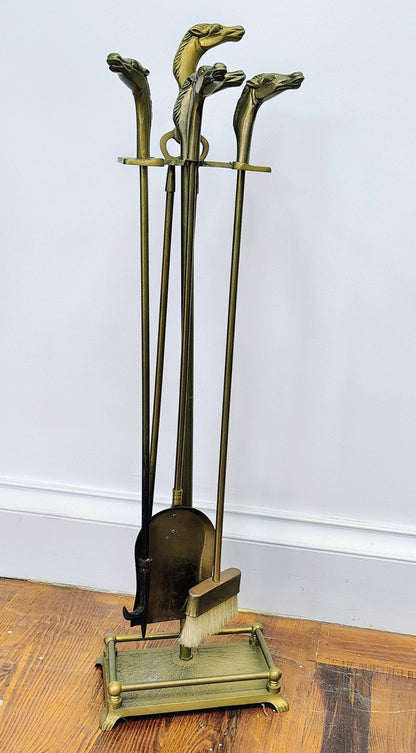 Brass Horse - Head Fireplace Tool Set & Stand, Custom Decor Inc. (1980) - Loom Vintage