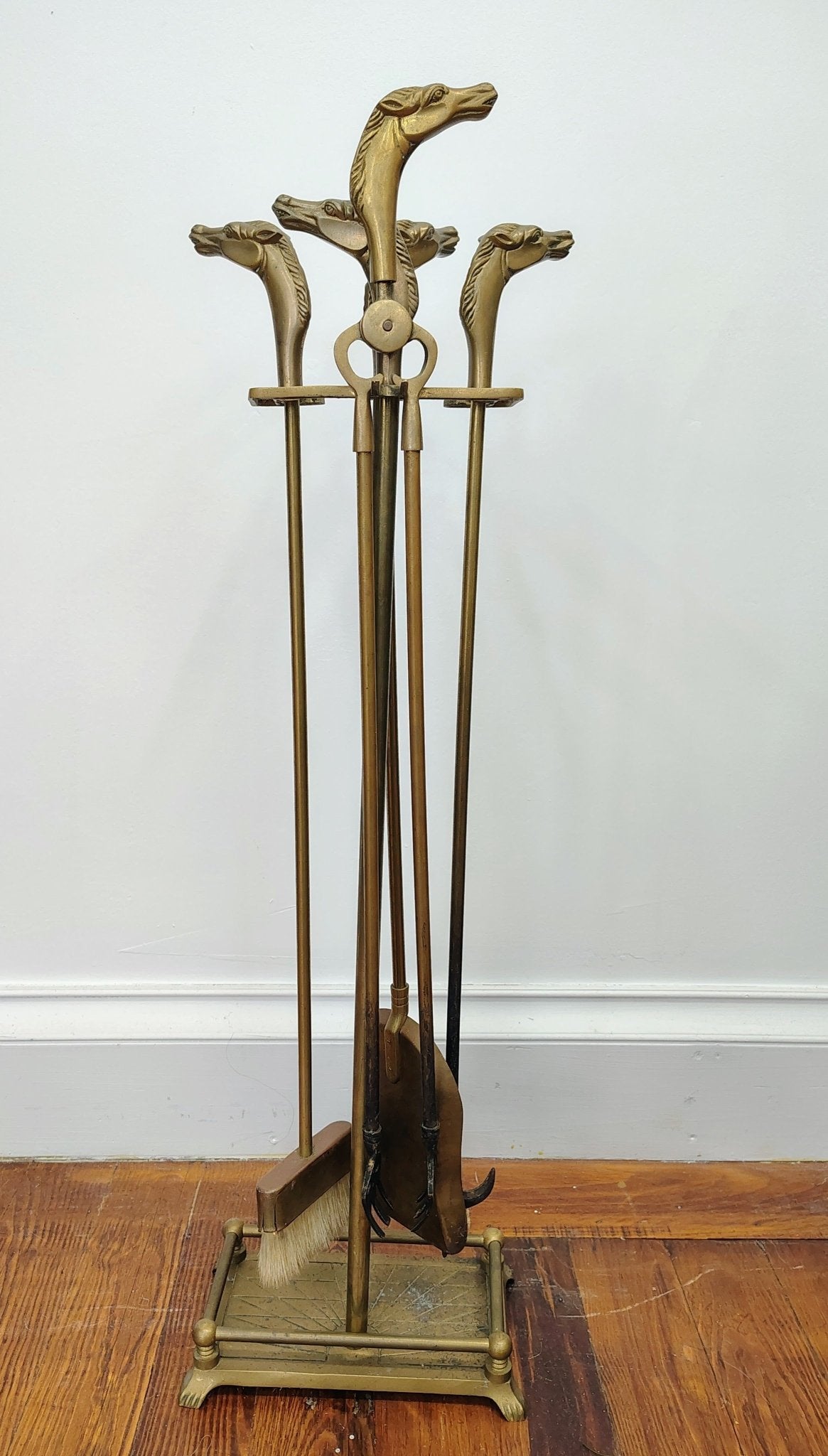 Brass Horse - Head Fireplace Tool Set & Stand, Custom Decor Inc. (1980) - Loom Vintage