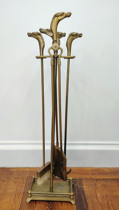 Brass Horse - Head Fireplace Tool Set & Stand, Custom Decor Inc. (1980) - Loom Vintage