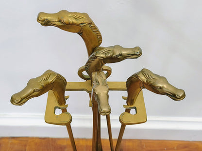 Brass Horse - Head Fireplace Tool Set & Stand, Custom Decor Inc. (1980) - Loom Vintage