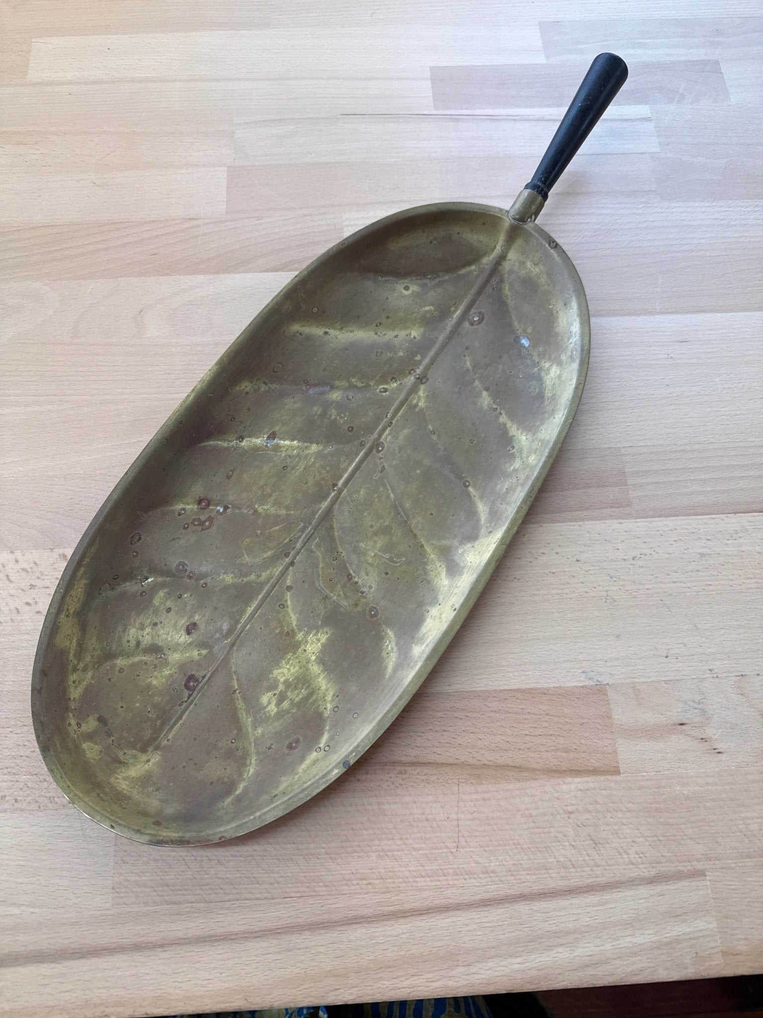 Brass Leaf Tray with Black Handle — Veined Leaf Form, Aged Patina, 15.5"L, Mid - Century - Loom Vintage