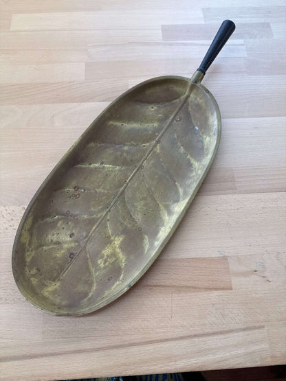 Brass Leaf Tray with Black Handle — Veined Leaf Form, Aged Patina, 15.5"L, Mid - Century - Loom Vintage