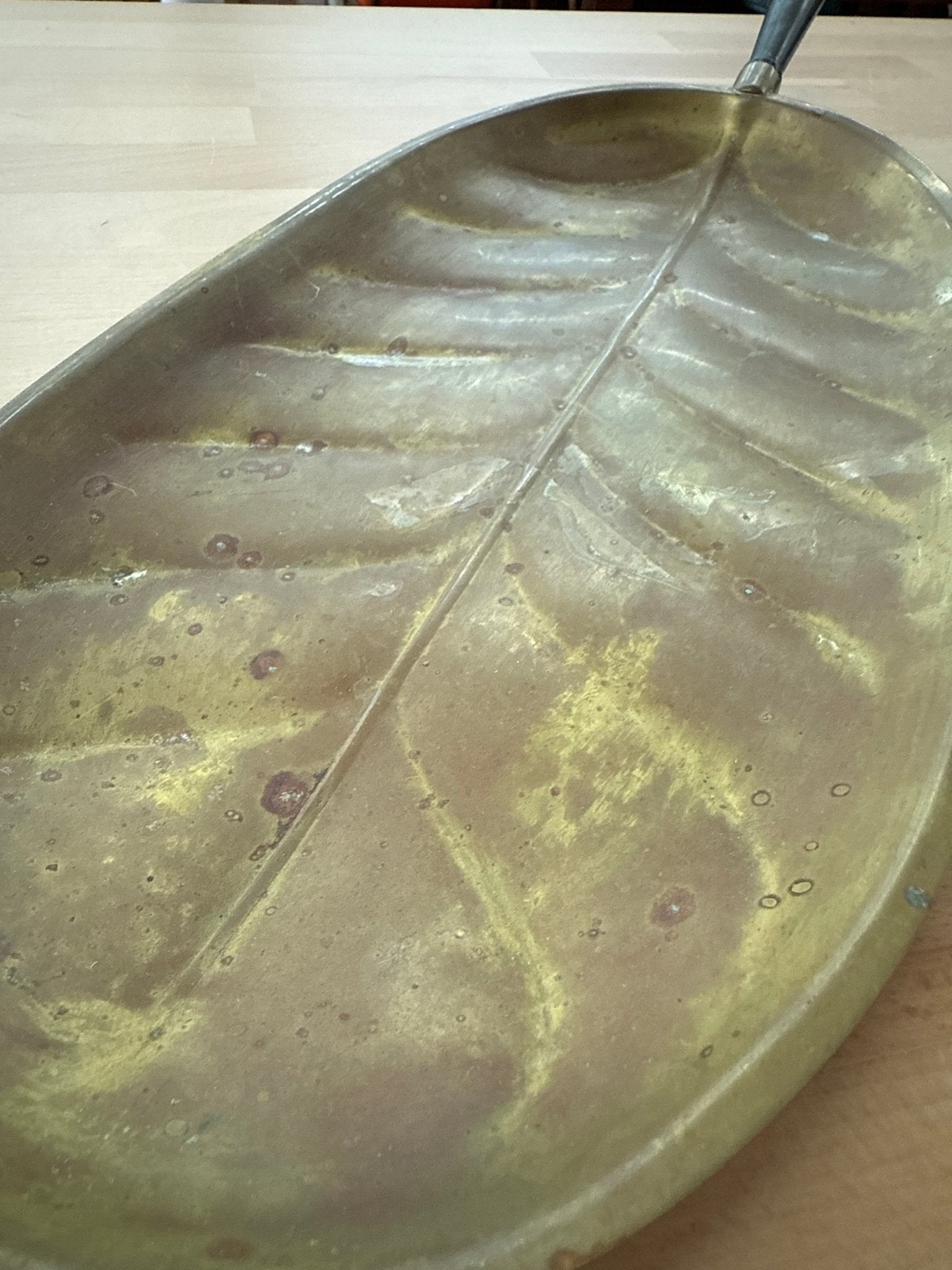 Brass Leaf Tray with Black Handle — Veined Leaf Form, Aged Patina, 15.5"L, Mid - Century - Loom Vintage