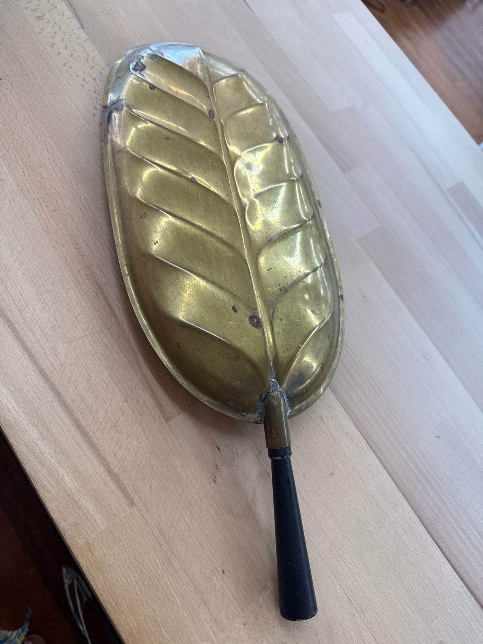 Brass Leaf Tray with Black Handle — Veined Leaf Form, Aged Patina, 15.5"L, Mid - Century - Loom Vintage
