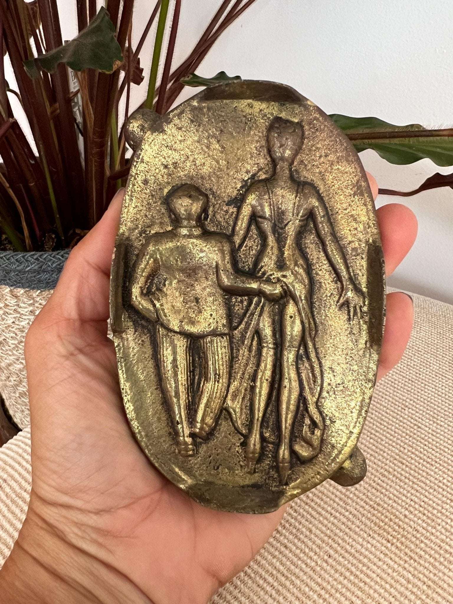 Brass Novelty Ashtray — Two - Sided Risqué Scene, Cast Brass, Portugal, 5" x 3.5" - Loom Vintage