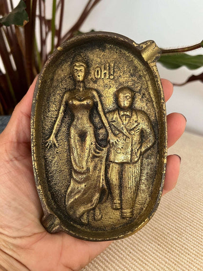 Brass Novelty Ashtray — Two - Sided Risqué Scene, Cast Brass, Portugal, 5" x 3.5" - Loom Vintage