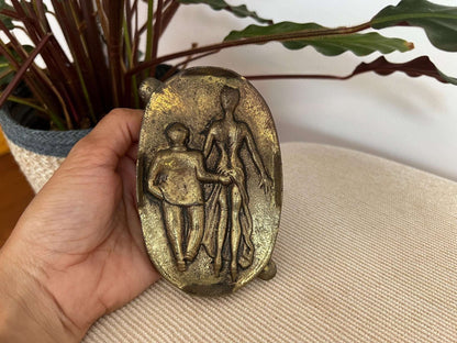 Brass Novelty Ashtray — Two - Sided Risqué Scene, Cast Brass, Portugal, 5" x 3.5" - Loom Vintage