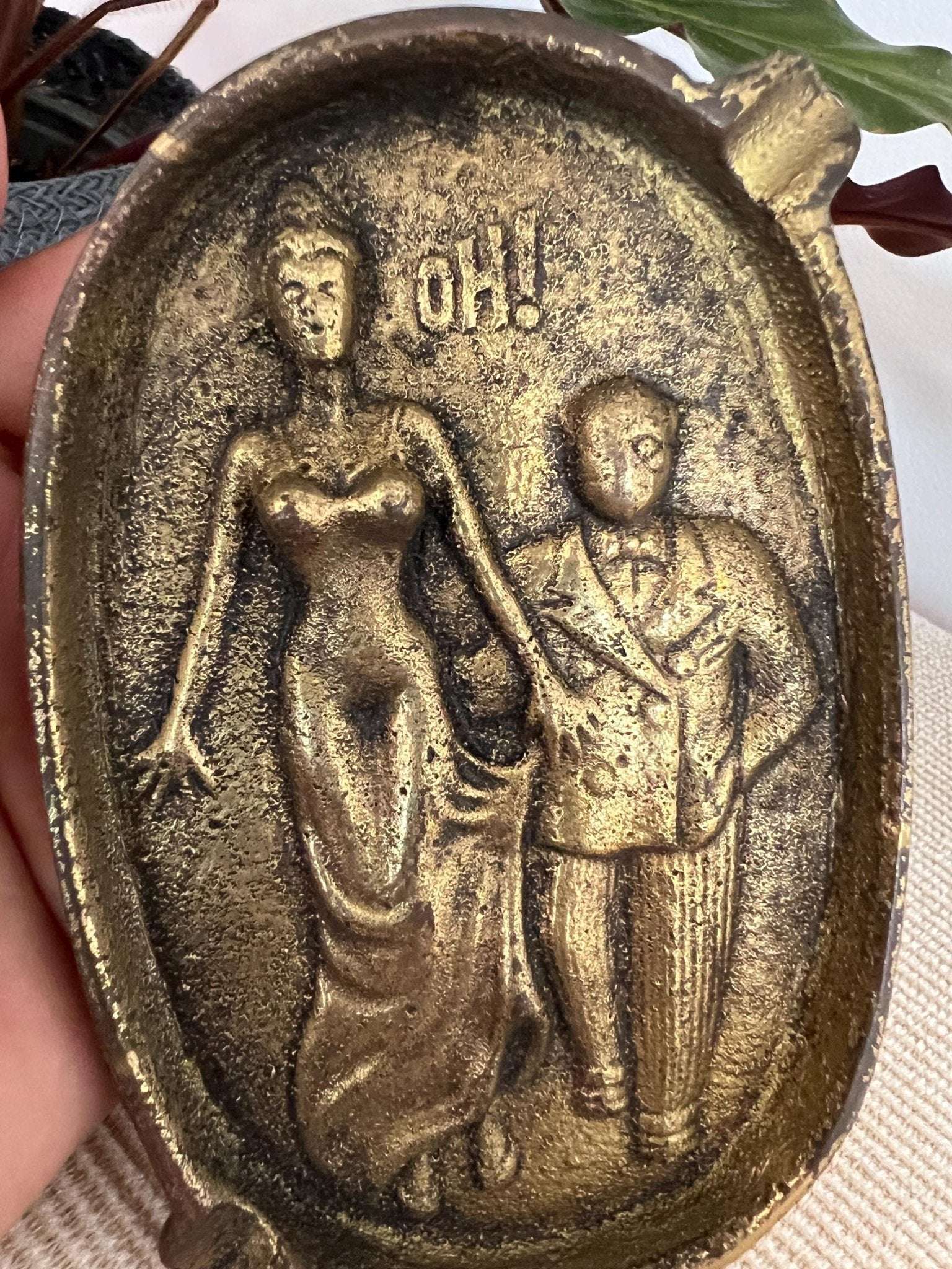 Brass Novelty Ashtray — Two - Sided Risqué Scene, Cast Brass, Portugal, 5" x 3.5" - Loom Vintage