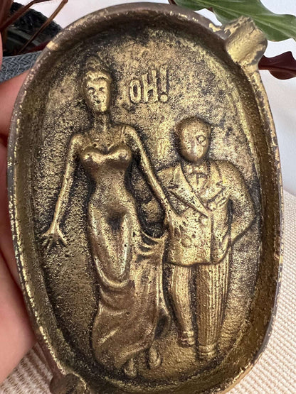 Brass Novelty Ashtray — Two - Sided Risqué Scene, Cast Brass, Portugal, 5" x 3.5" - Loom Vintage
