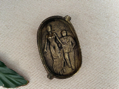Brass Novelty Ashtray — Two - Sided Risqué Scene, Cast Brass, Portugal, 5" x 3.5" - Loom Vintage