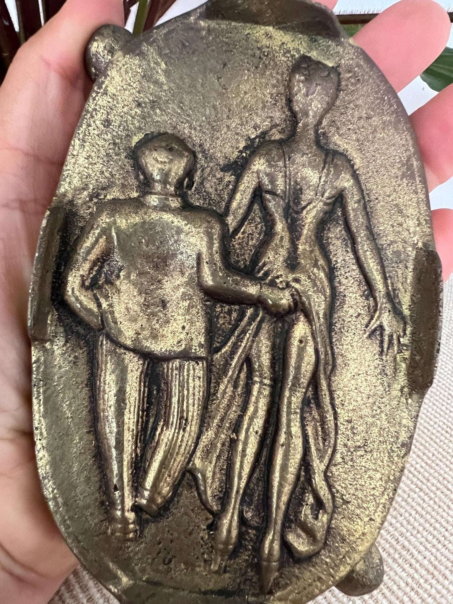 Brass Novelty Ashtray — Two - Sided Risqué Scene, Cast Brass, Portugal, 5" x 3.5" - Loom Vintage