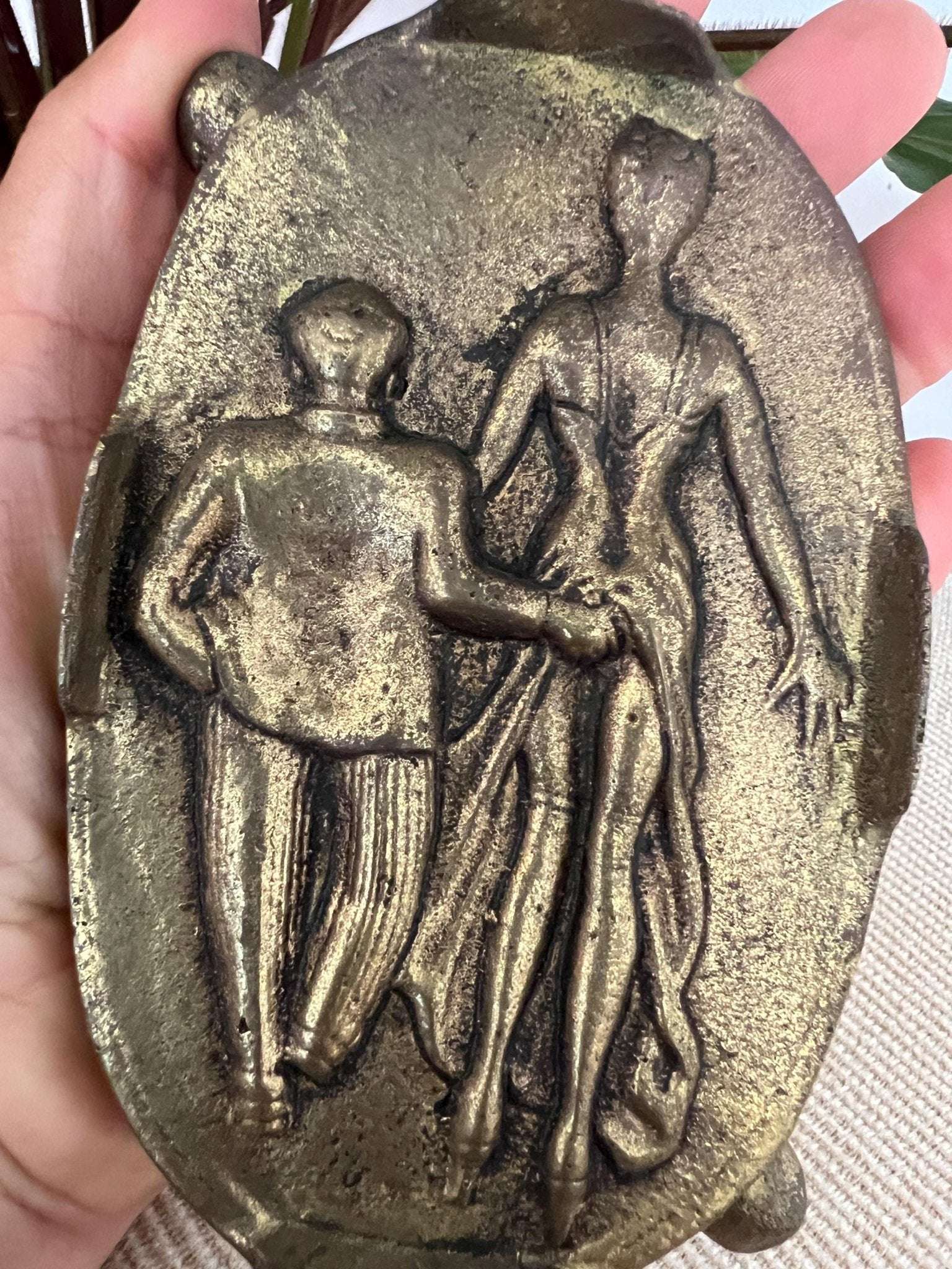 Brass Novelty Ashtray — Two - Sided Risqué Scene, Cast Brass, Portugal, 5" x 3.5" - Loom Vintage