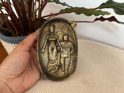 Brass Novelty Ashtray — Two - Sided Risqué Scene, Cast Brass, Portugal, 5" x 3.5" - Loom Vintage