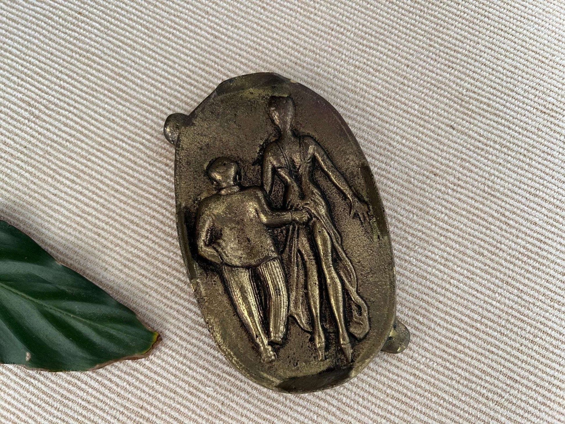 Brass Novelty Ashtray — Two - Sided Risqué Scene, Cast Brass, Portugal, 5" x 3.5" - Loom Vintage