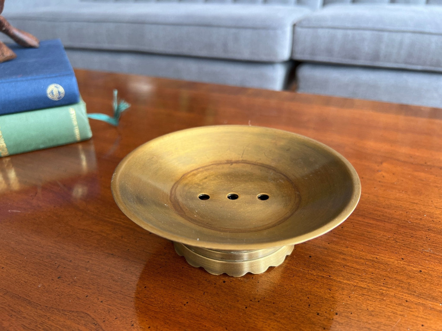 Brass Pedestal Soap Dish — Scalloped Base, Drain Holes, 5" diameter, c. 1970s - Loom Vintage