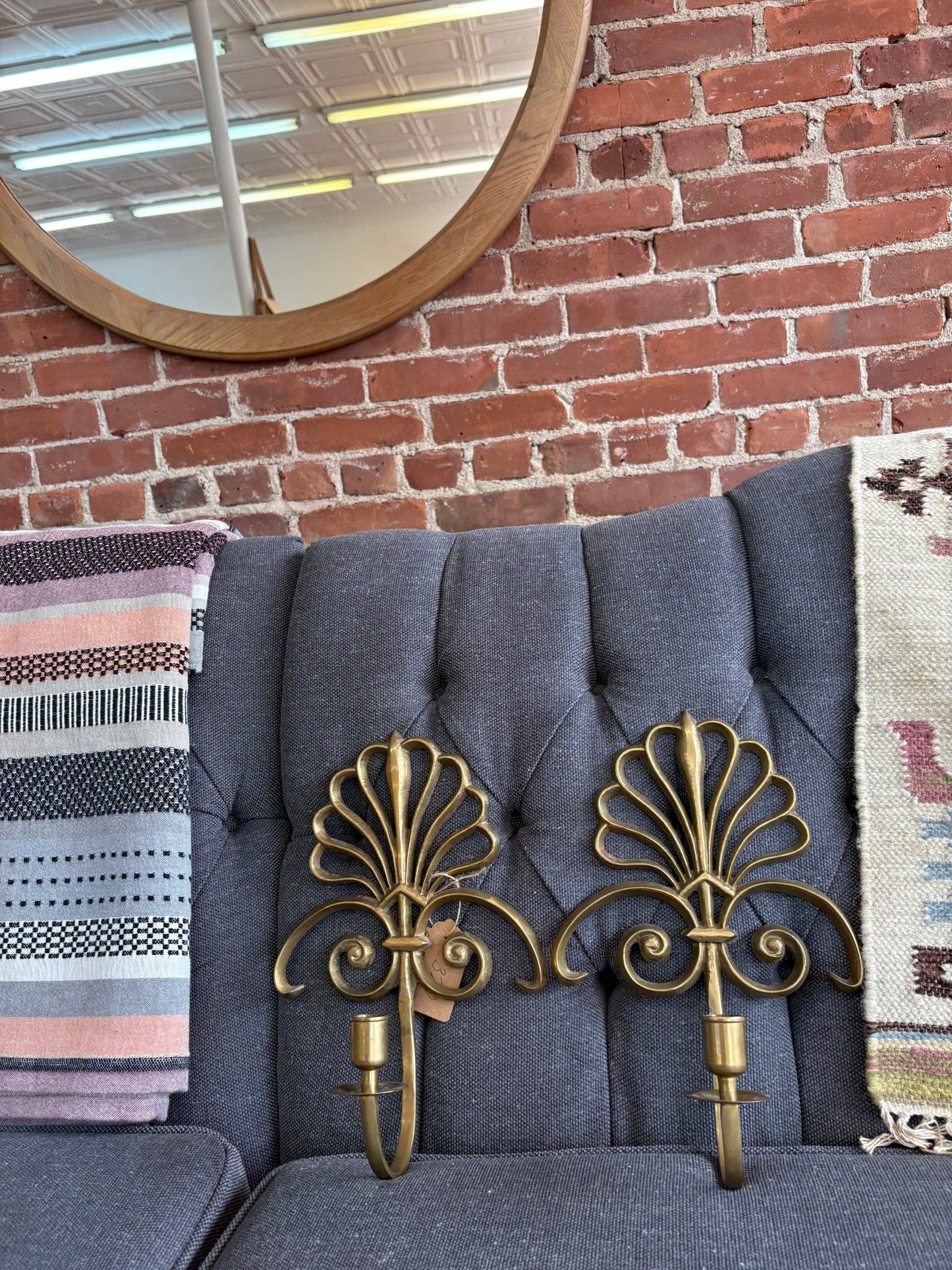 Brass Shell & Fleur - de - Lis Wall Sconces, Pair — Hollywood Regency, c. 1970s–80s, 13" - Loom Vintage