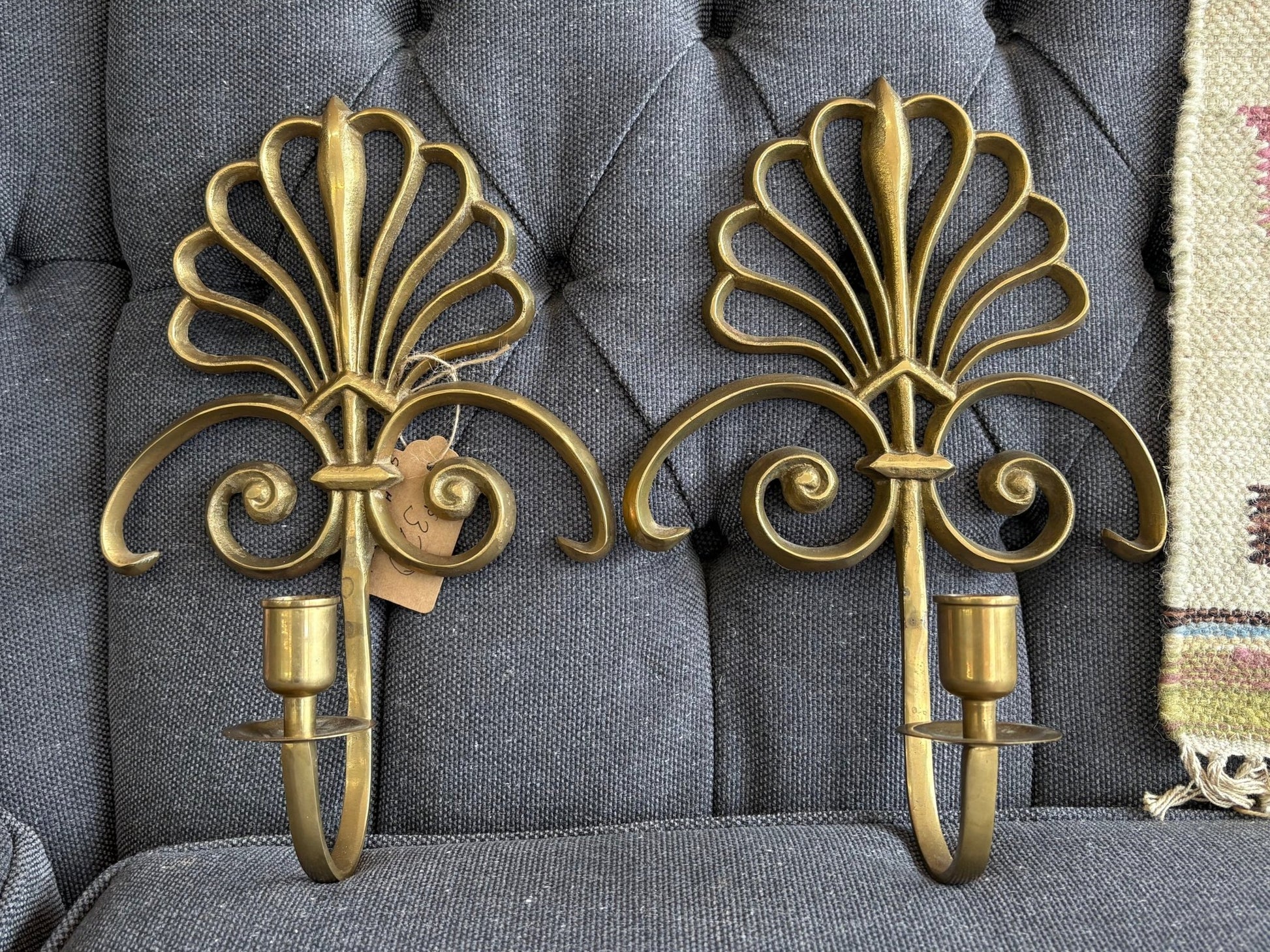 Brass Shell & Fleur - de - Lis Wall Sconces, Pair — Hollywood Regency, c. 1970s–80s, 13" - Loom Vintage