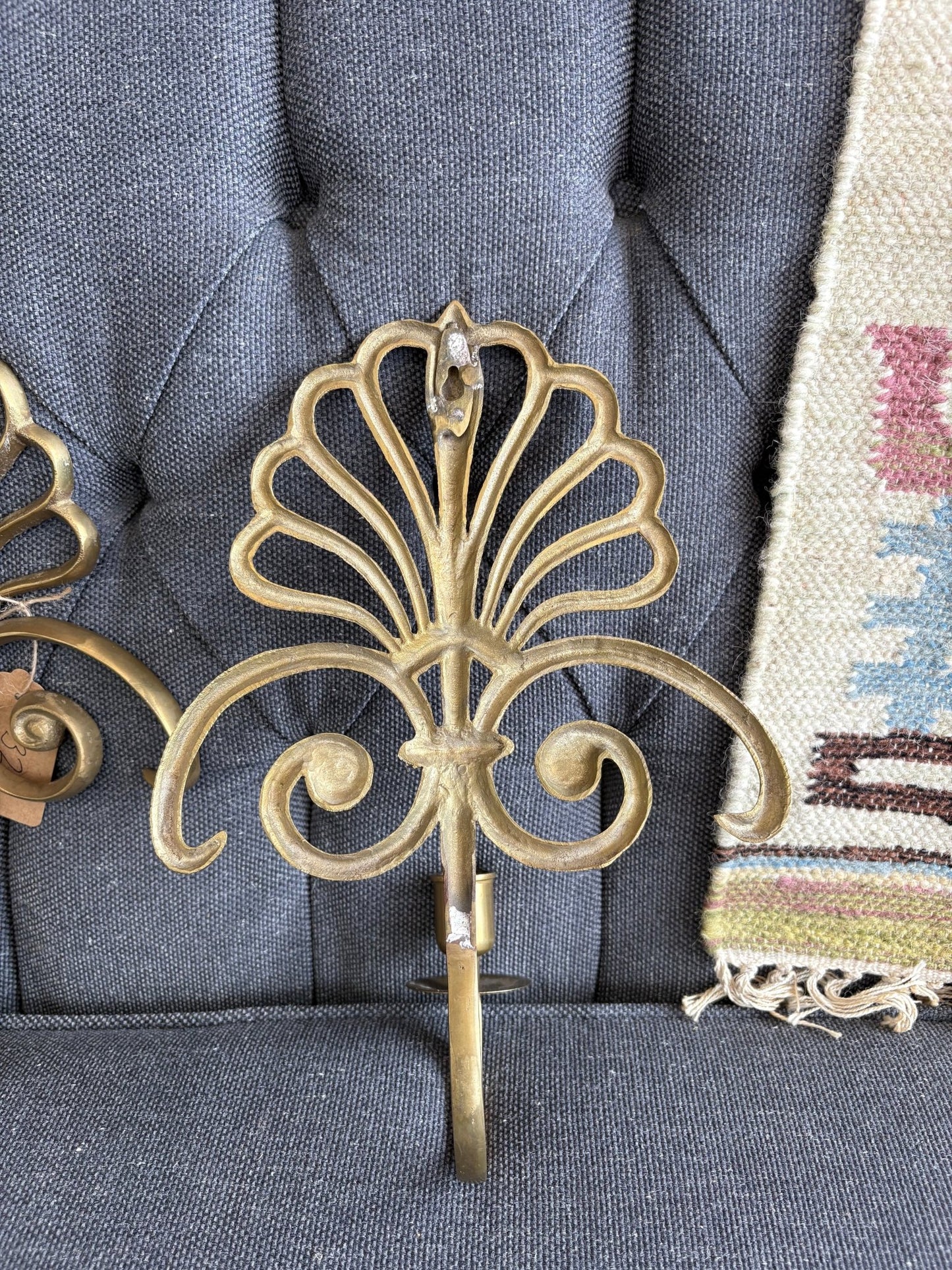 Brass Shell & Fleur - de - Lis Wall Sconces, Pair — Hollywood Regency, c. 1970s–80s, 13" - Loom Vintage