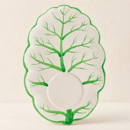 Hand-painted cabbage-leaf snack plate with green veining