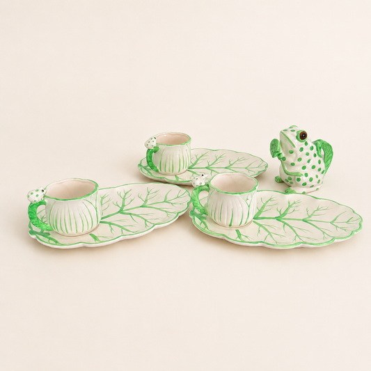 Full hand-painted frog and cabbage-leaf luncheon set arranged together