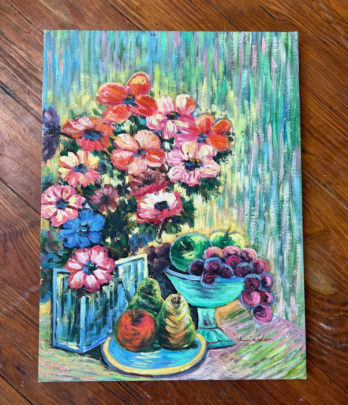 Calder Signed Floral & Fruit Still-Life Oil on Canvas — Fauvist Impasto, 16" × 12", c. 1960s–70s - Loom Vintage