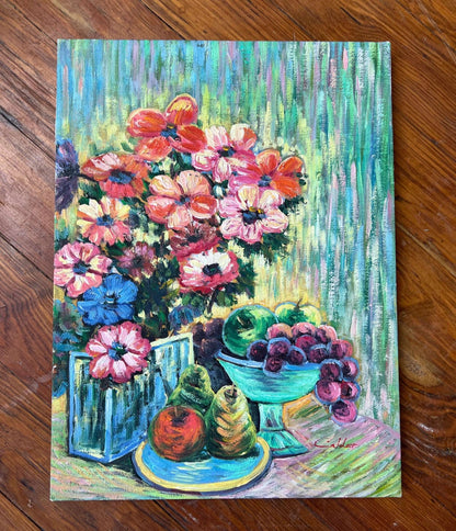 Calder Signed Floral & Fruit Still-Life Oil on Canvas — Fauvist Impasto, 16" × 12", c. 1960s–70s - Loom Vintage