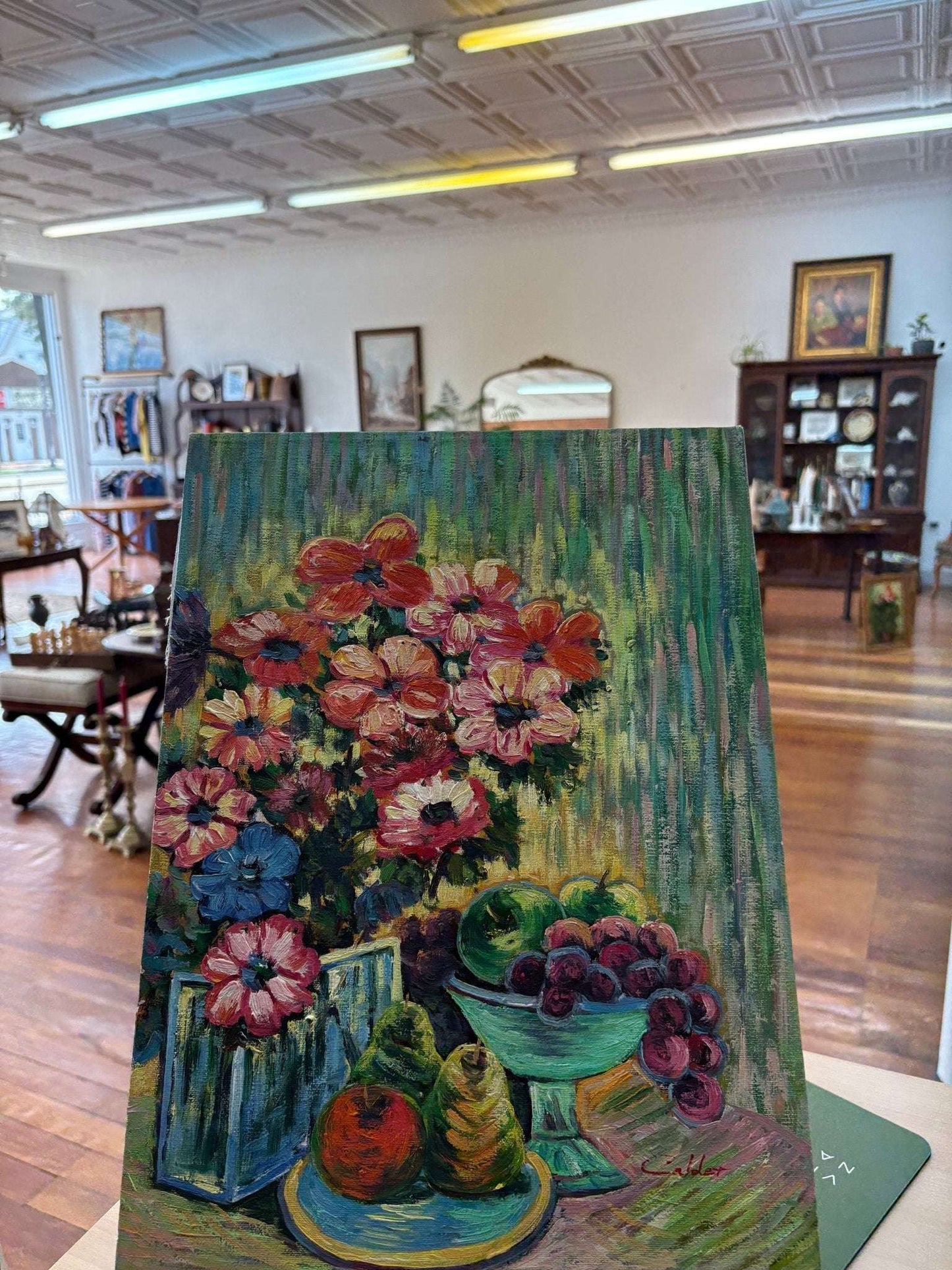 Calder Signed Floral & Fruit Still-Life Oil on Canvas — Fauvist Impasto, 16" × 12", c. 1960s–70s - Loom Vintage
