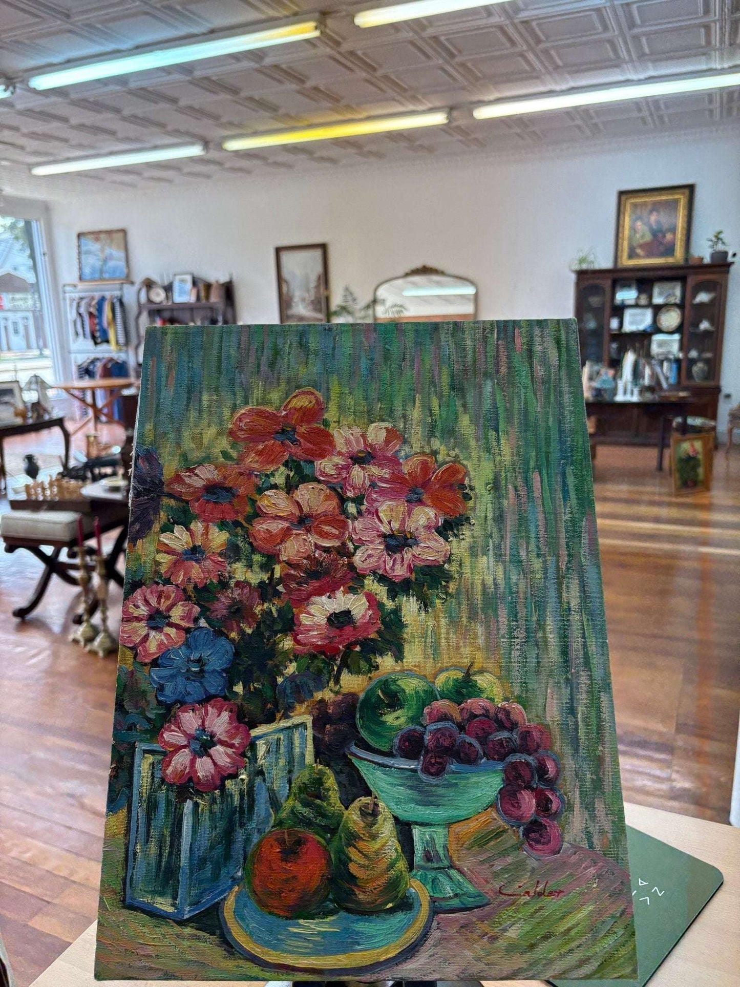 Calder Signed Floral & Fruit Still-Life Oil on Canvas — Fauvist Impasto, 16" × 12", c. 1960s–70s - Loom Vintage