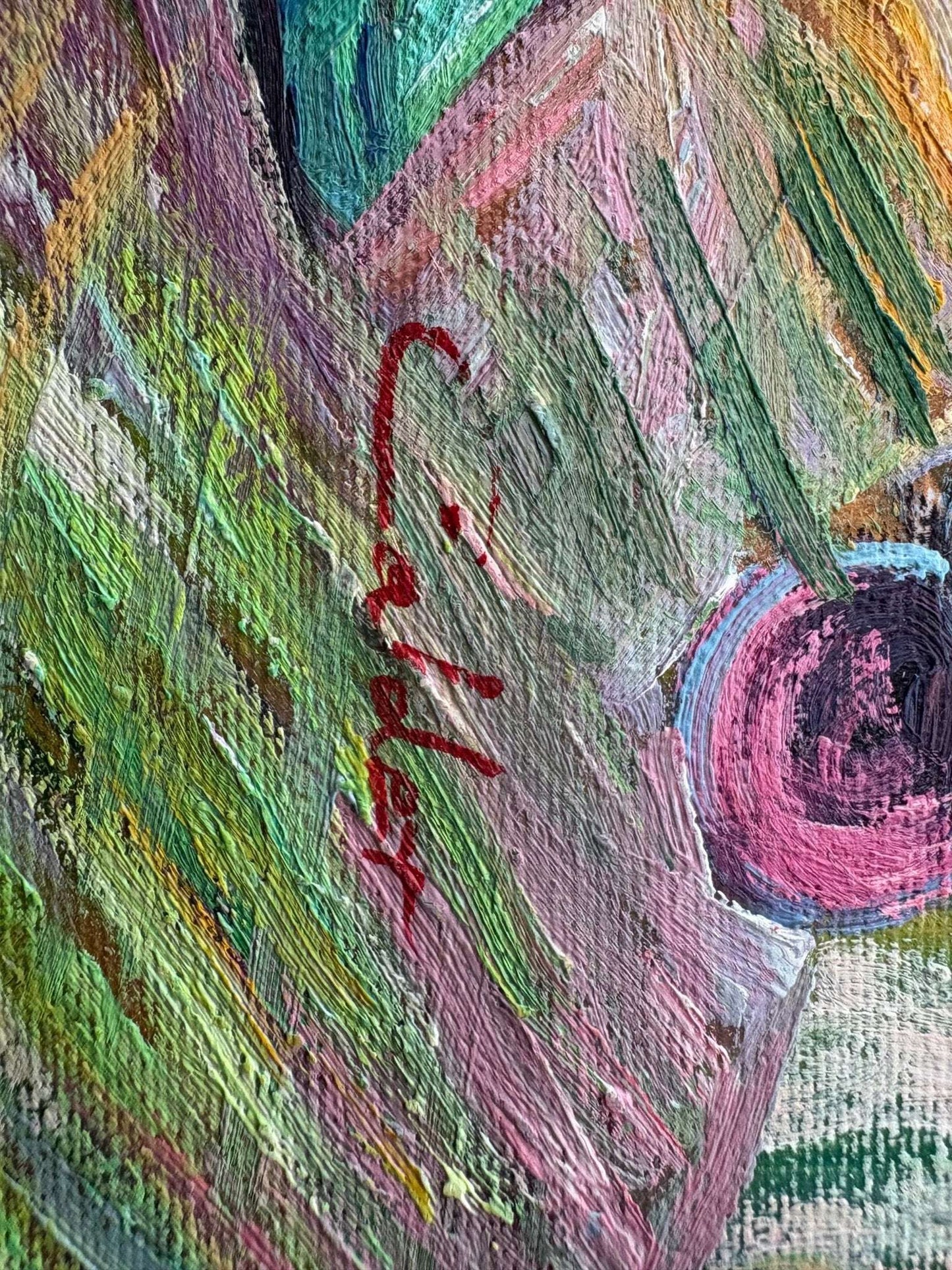 Calder Signed Floral & Fruit Still-Life Oil on Canvas — Fauvist Impasto, 16" × 12", c. 1960s–70s - Loom Vintage