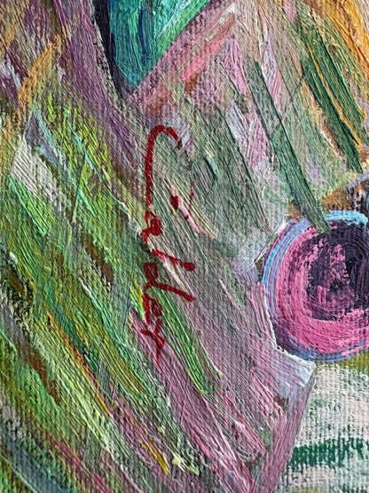 Calder Signed Floral & Fruit Still-Life Oil on Canvas — Fauvist Impasto, 16" × 12", c. 1960s–70s - Loom Vintage