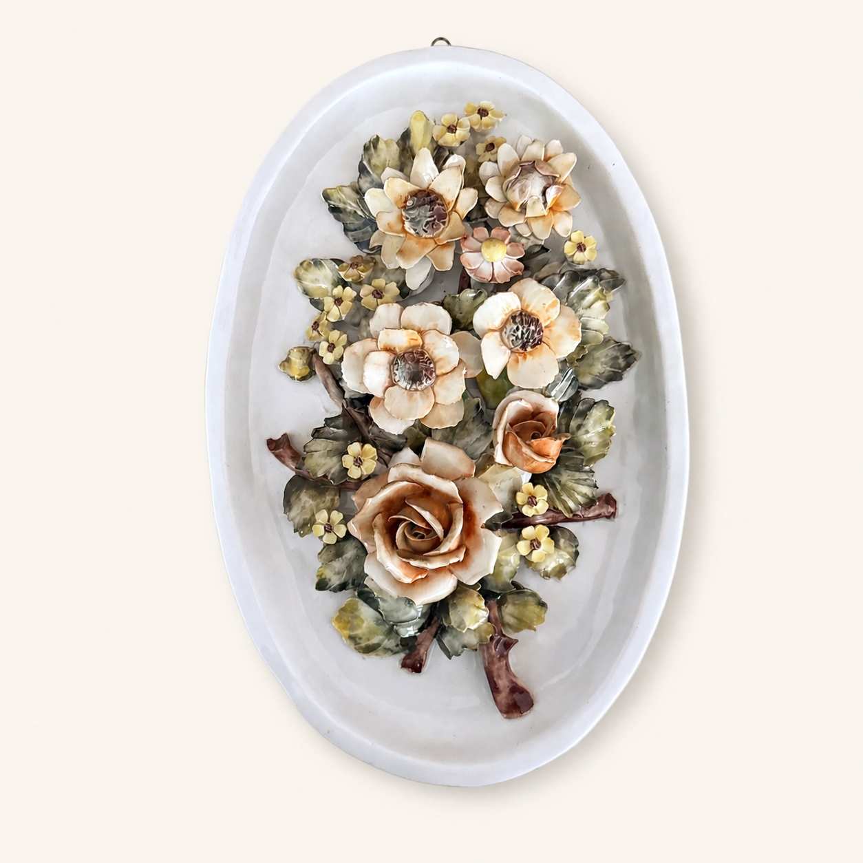 Full front view of Capodimonte-style applied-flower wall plaque