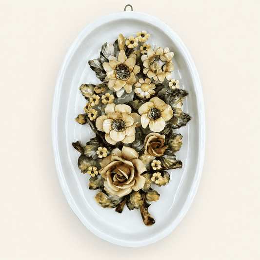Capodimonte-style ceramic wall plaque with applied roses and flowers, front view