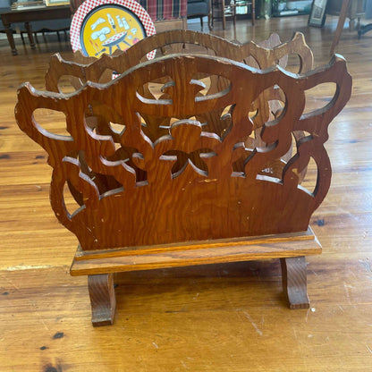 Carved Wood Magazine Rack — Double-Sided, Floral Cutout, 15.75"H, c. 1970s–80s, USA - Loom Vintage