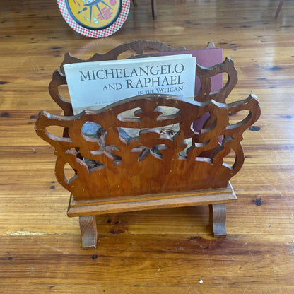 Carved Wood Magazine Rack — Double-Sided, Floral Cutout, 15.75"H, c. 1970s–80s, USA - Loom Vintage