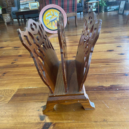 Carved Wood Magazine Rack — Double-Sided, Floral Cutout, 15.75"H, c. 1970s–80s, USA - Loom Vintage