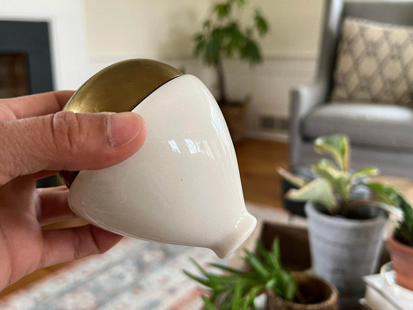 Ceramic and Brass Salt and Pepper Shakers, Pair — Teardrop Form, Cream and Gold, c. 1950s - Loom Vintage