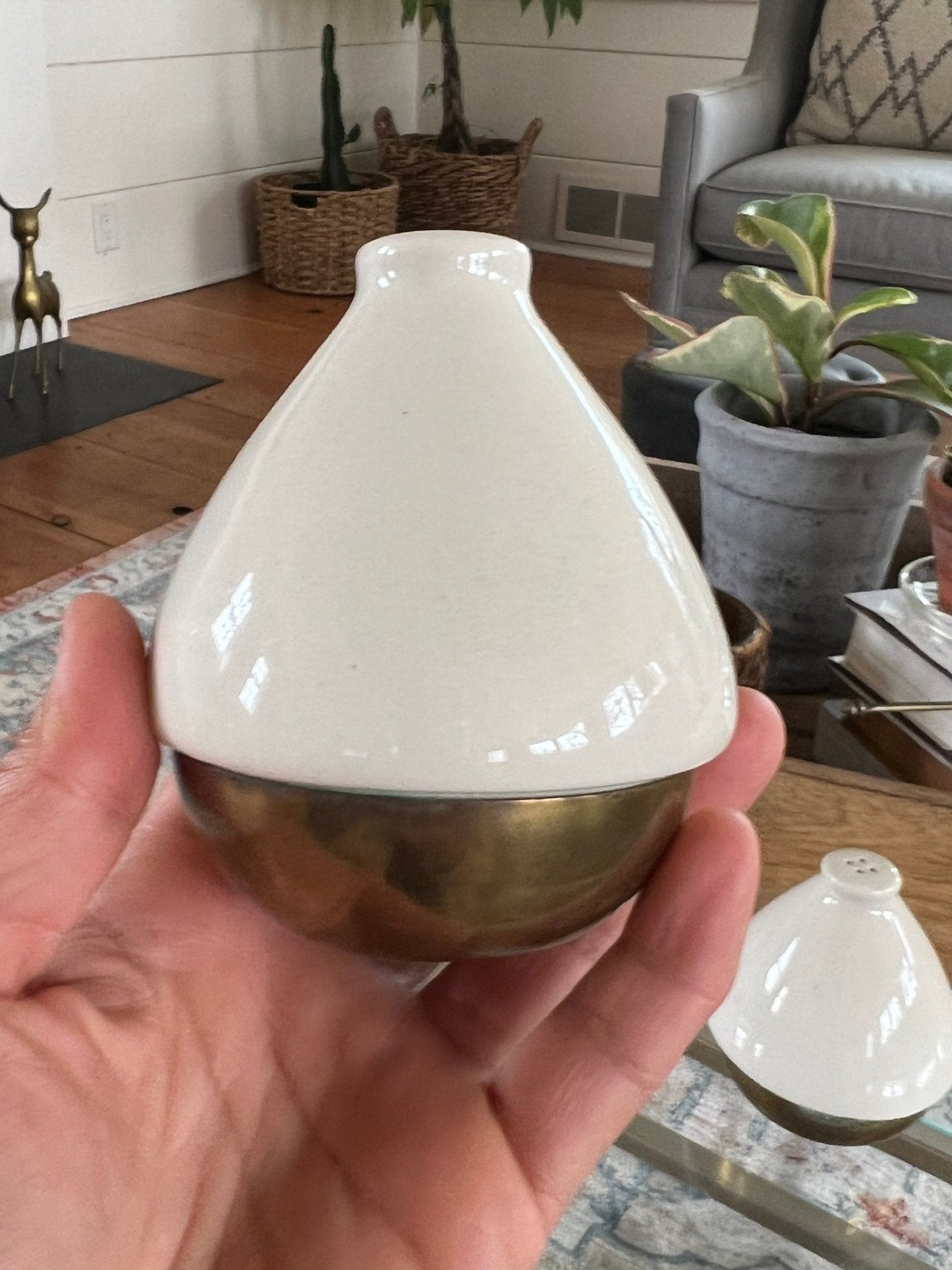 Ceramic and Brass Salt and Pepper Shakers, Pair — Teardrop Form, Cream and Gold, c. 1950s - Loom Vintage