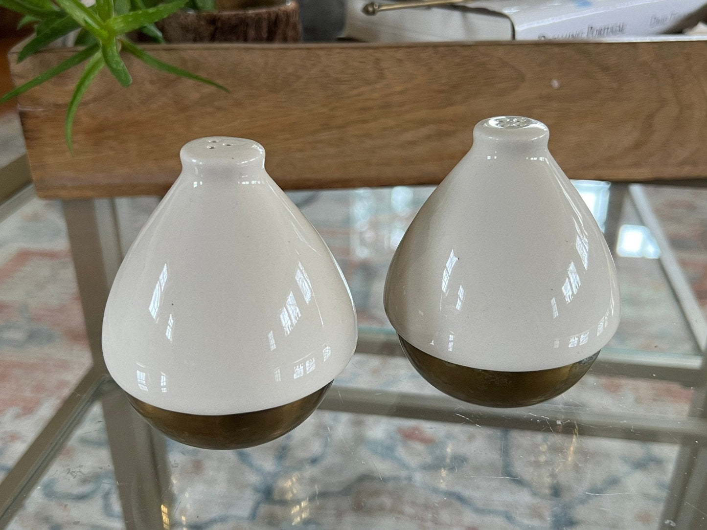 Ceramic and Brass Salt and Pepper Shakers, Pair — Teardrop Form, Cream and Gold, c. 1950s - Loom Vintage