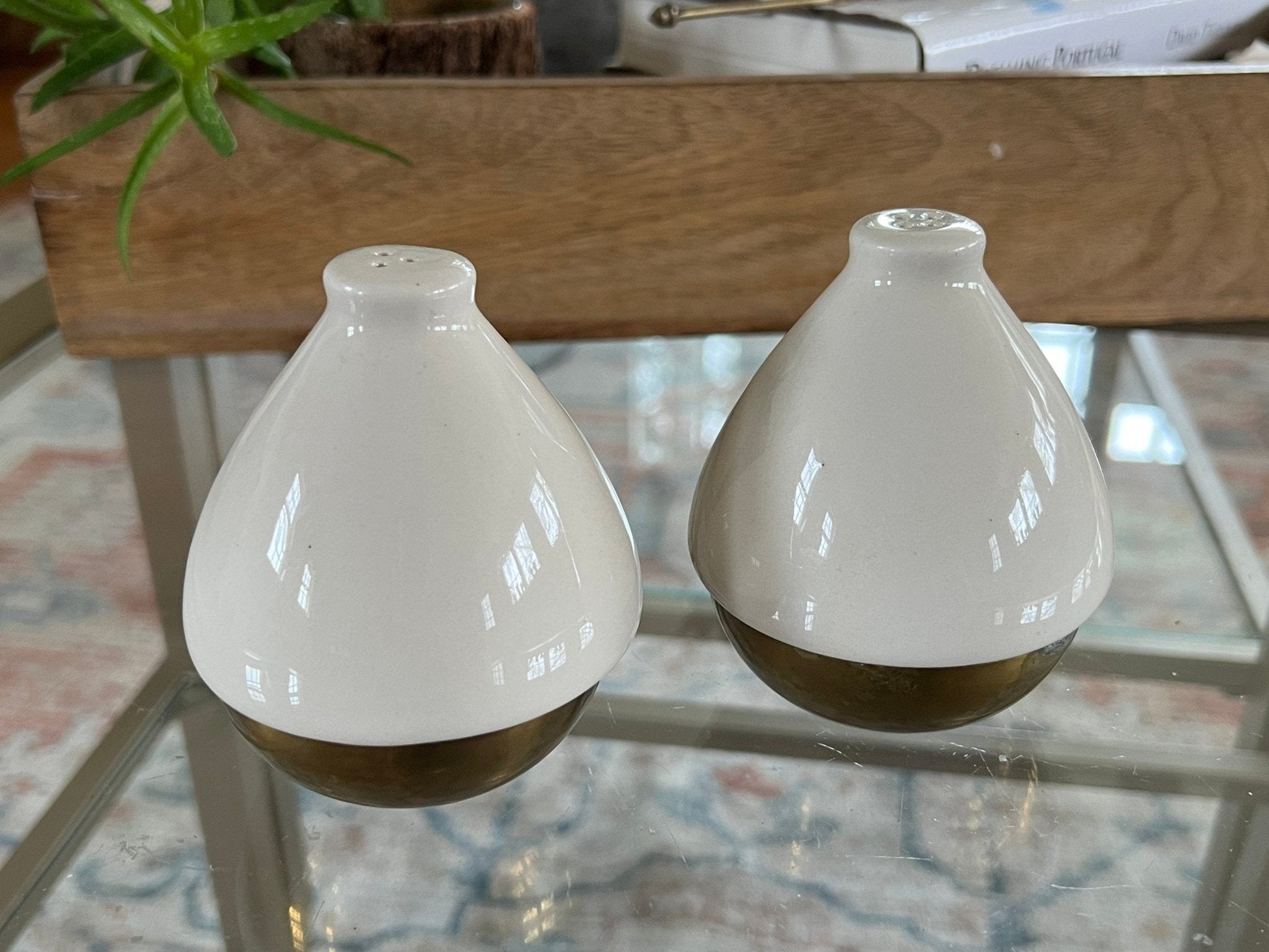 Ceramic and Brass Salt and Pepper Shakers, Pair — Teardrop Form, Cream and Gold, c. 1950s - Loom Vintage