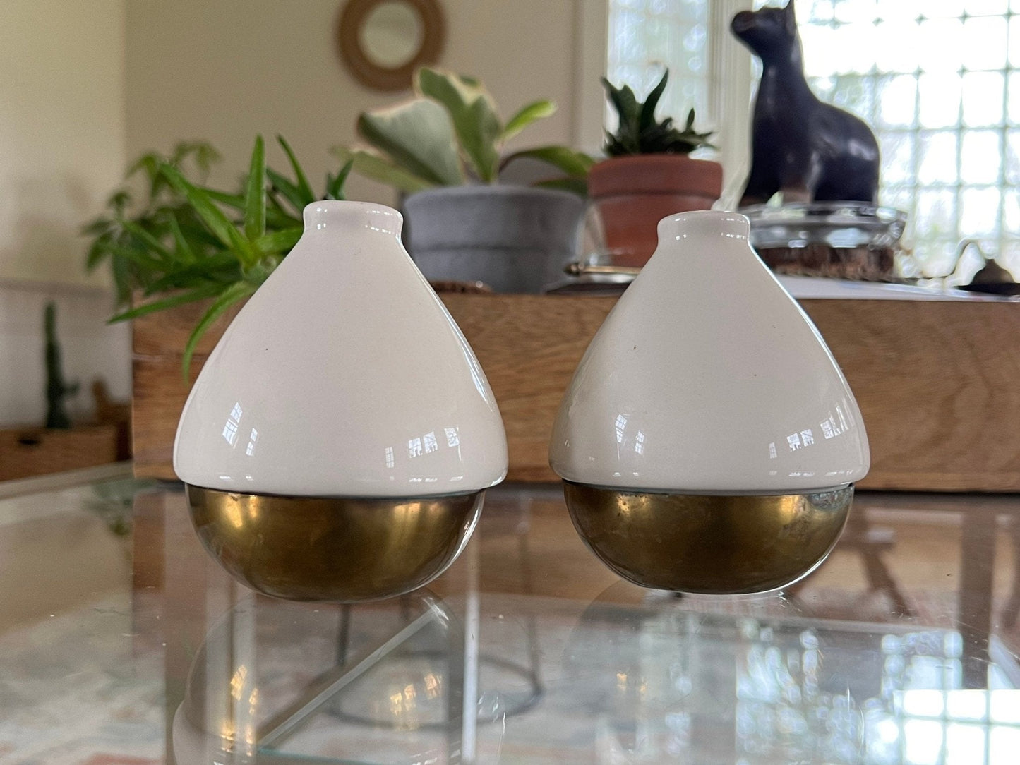 Ceramic and Brass Salt and Pepper Shakers, Pair — Teardrop Form, Cream and Gold, c. 1950s - Loom Vintage