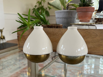 Ceramic and Brass Salt and Pepper Shakers, Pair — Teardrop Form, Cream and Gold, c. 1950s - Loom Vintage