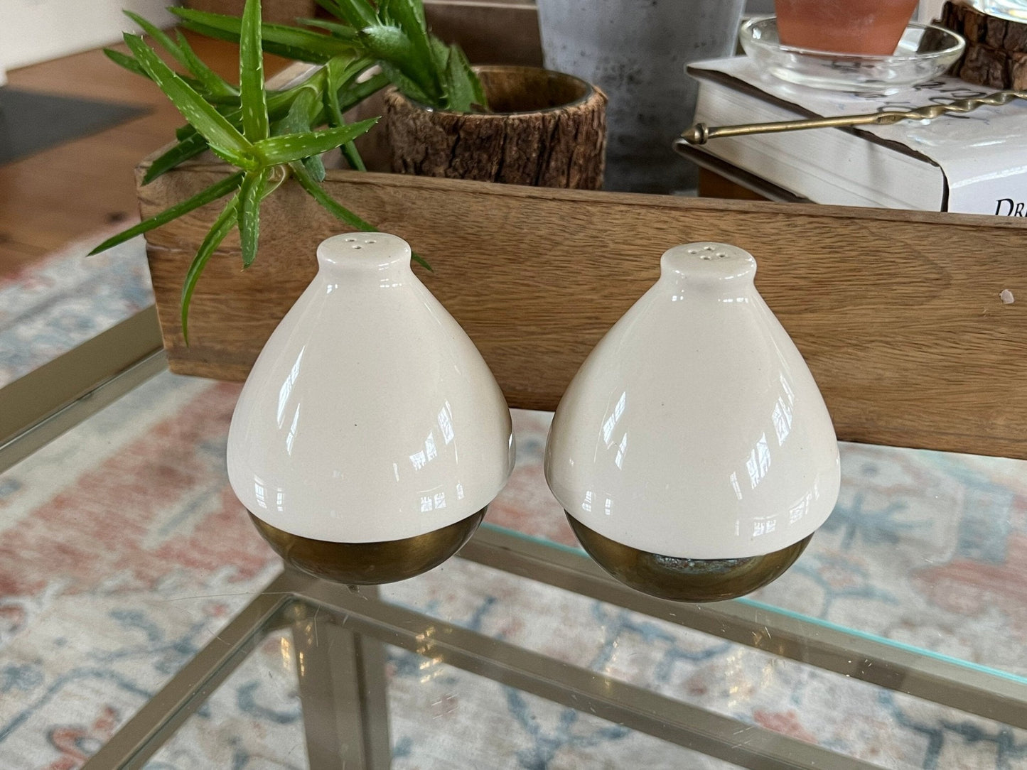 Ceramic and Brass Salt and Pepper Shakers, Pair — Teardrop Form, Cream and Gold, c. 1950s - Loom Vintage