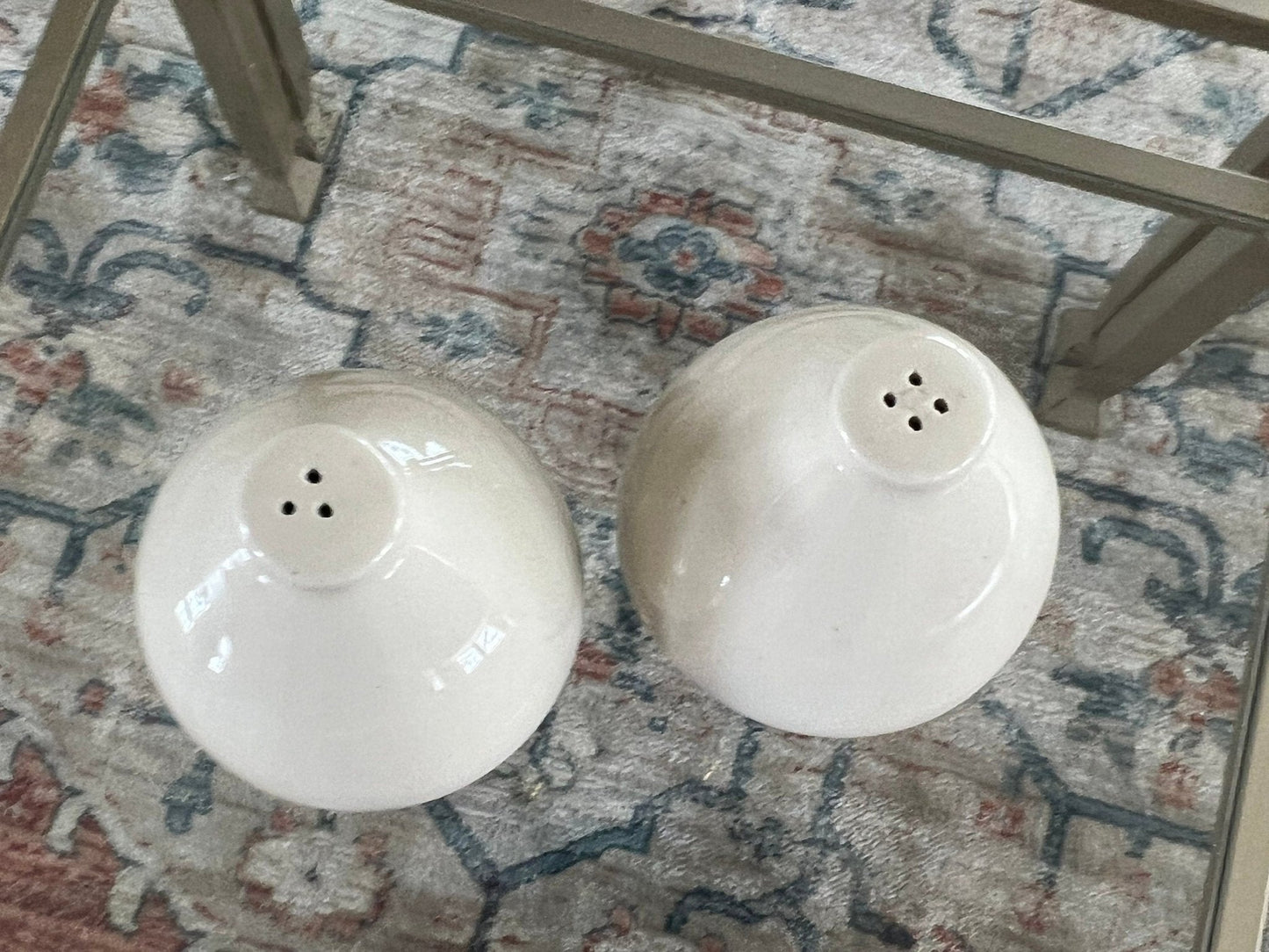 Ceramic and Brass Salt and Pepper Shakers, Pair — Teardrop Form, Cream and Gold, c. 1950s - Loom Vintage
