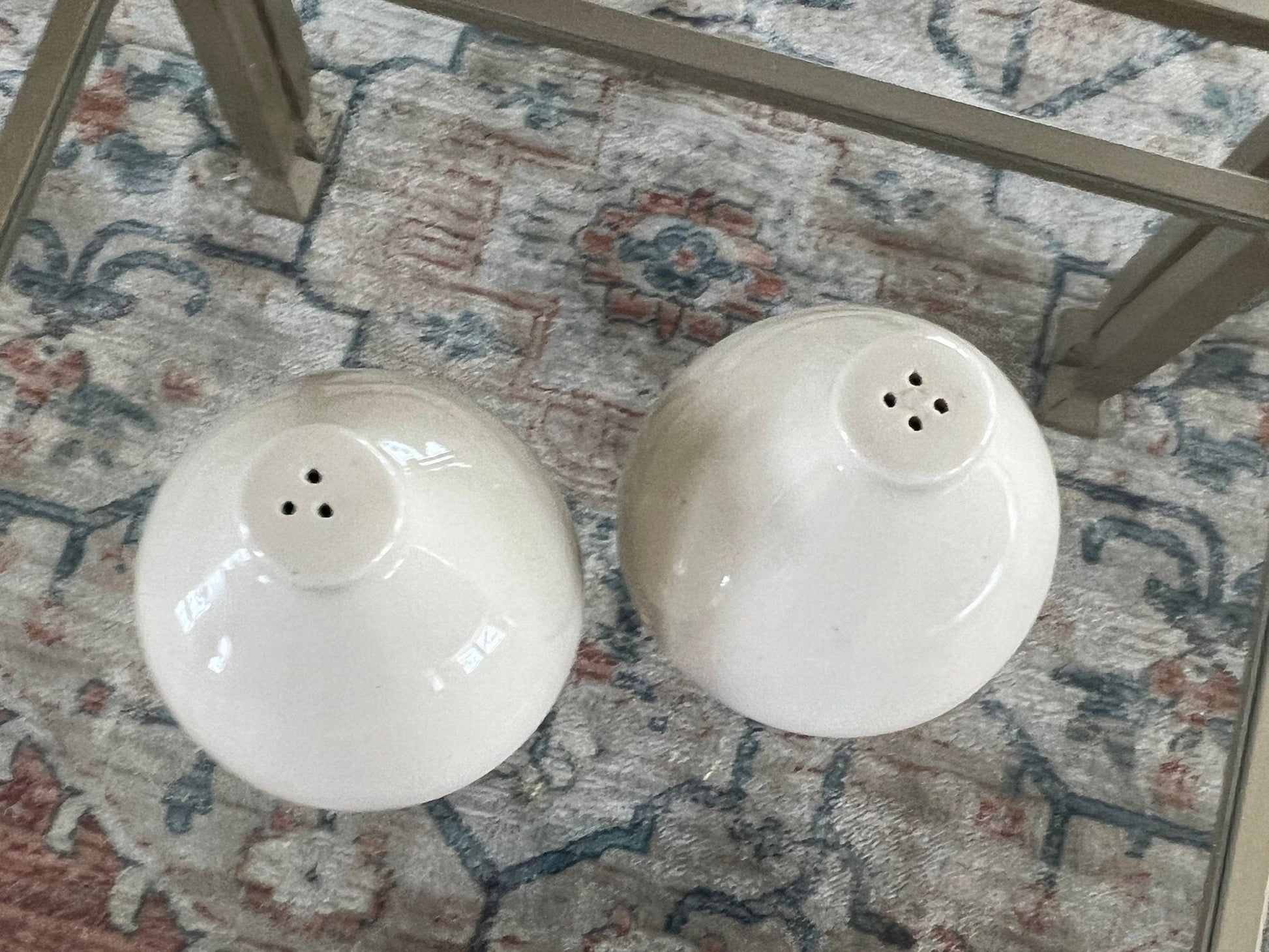 Ceramic and Brass Salt and Pepper Shakers, Pair — Teardrop Form, Cream and Gold, c. 1950s - Loom Vintage