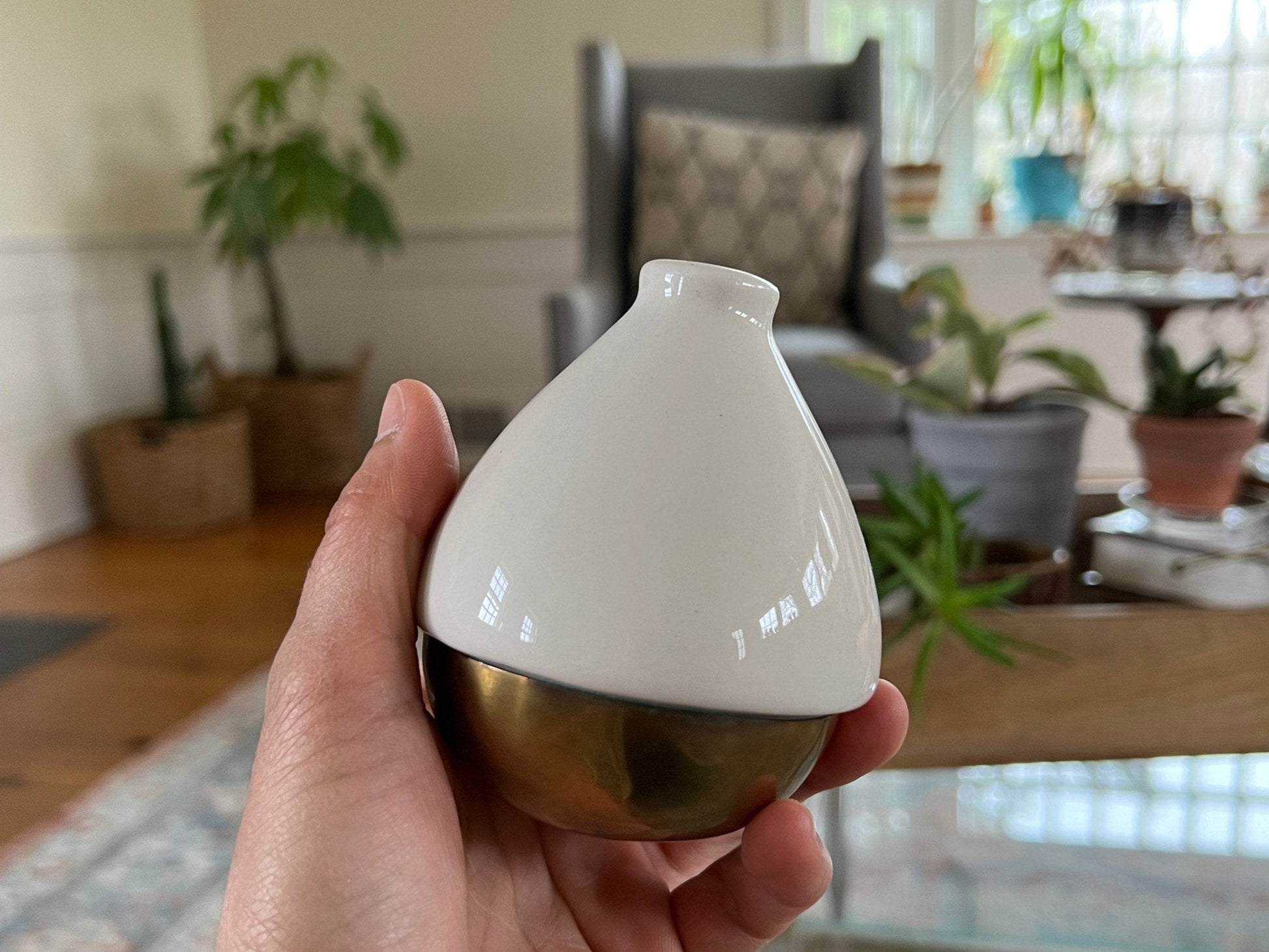 Ceramic and Brass Salt and Pepper Shakers, Pair — Teardrop Form, Cream and Gold, c. 1950s - Loom Vintage
